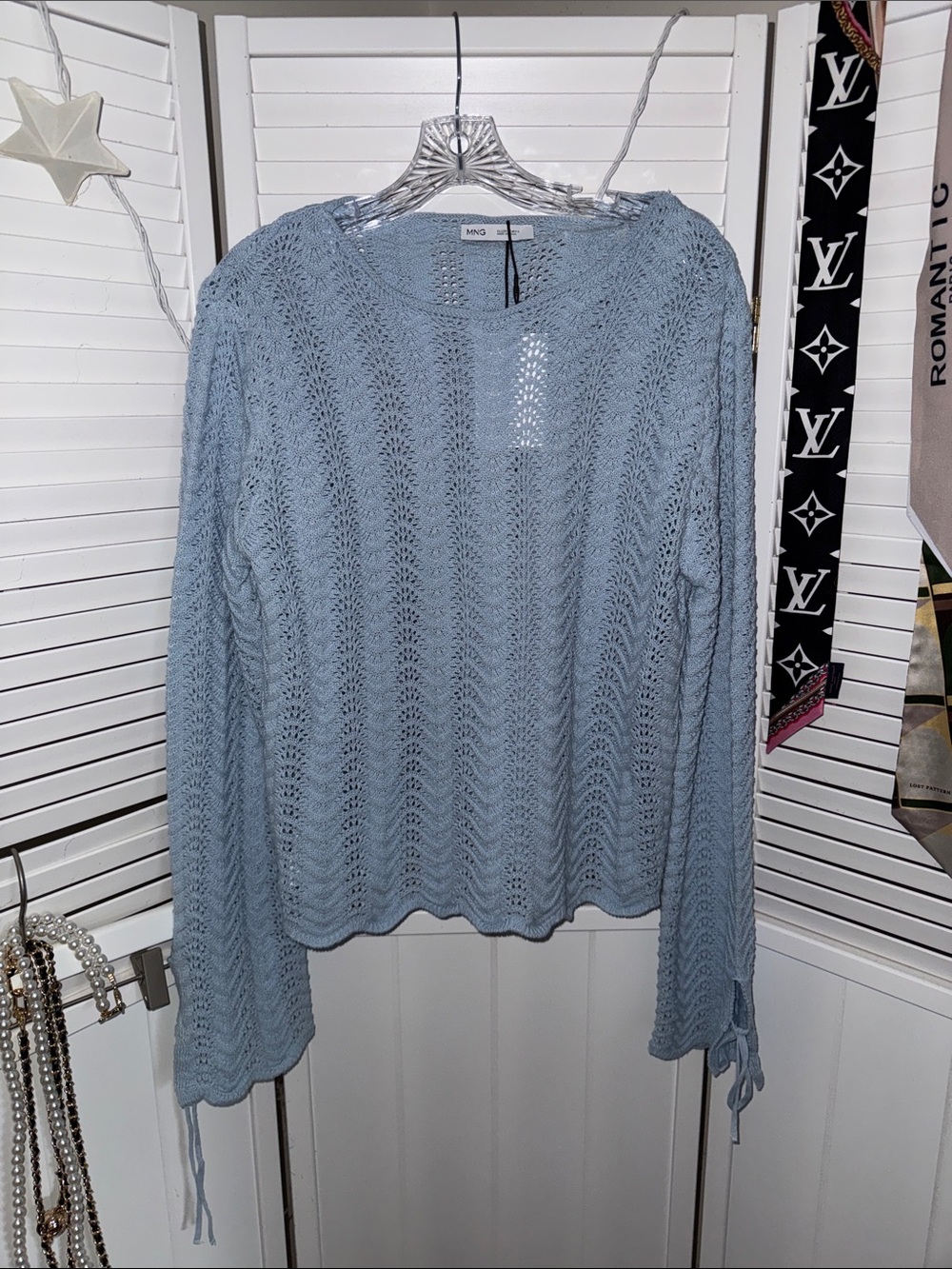 Mango Pale Blue Open-Weave Tie-Cuff Sweater